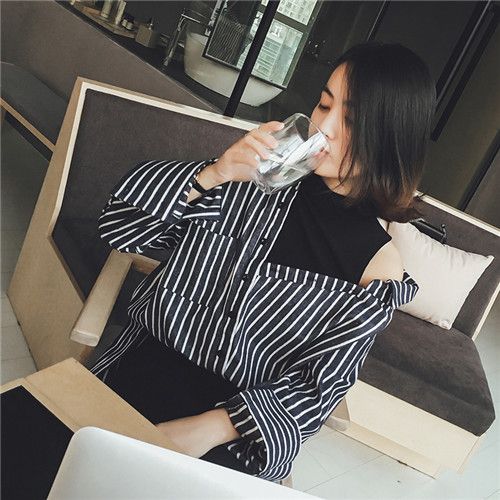 宽松条纹假两件衬衫